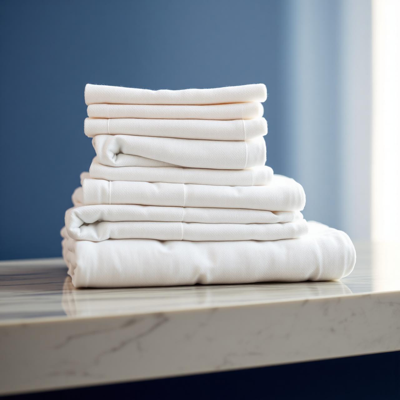 Freshly folded laundry stacked on a marble surface